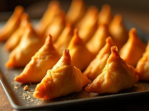 Crispy golden samosas arranged neatly on a serving tray.
