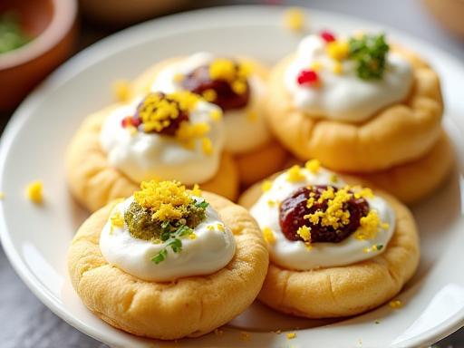 A plate of Dahi Puri topped with yogurt, chutneys, and sev, ready to be eaten.