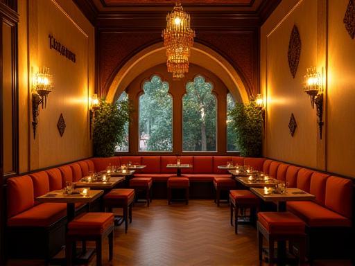 Inviting seating area inside Chai & Chaat House with warm lighting and traditional decor elements.
