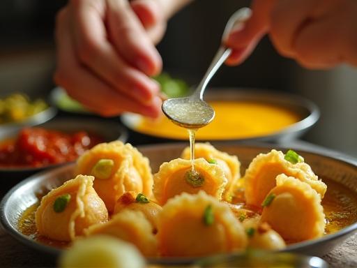 Close-up shot of Pani Puri being assembled and served, showing fresh ingredients.