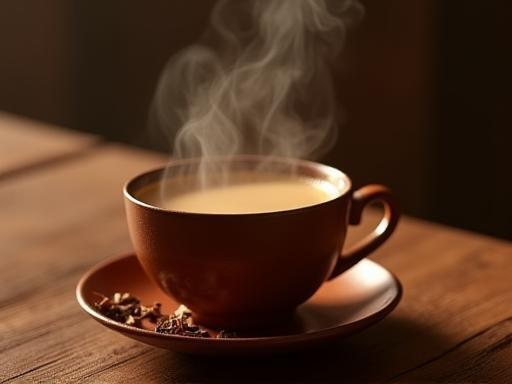 A steaming cup of Masala Chai on a wooden table, highlighting the rich color and aroma.
