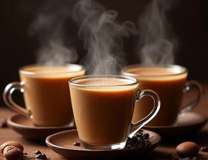 Selection of steaming chai cups and coffee drinks, showcasing variety.