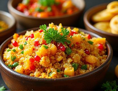 Variety of colorful Indian chaats including Pani Puri, Bhel Puri, and Sev Puri.